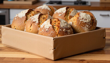 Freshly baked bread rolls in a basket on a wooden counter