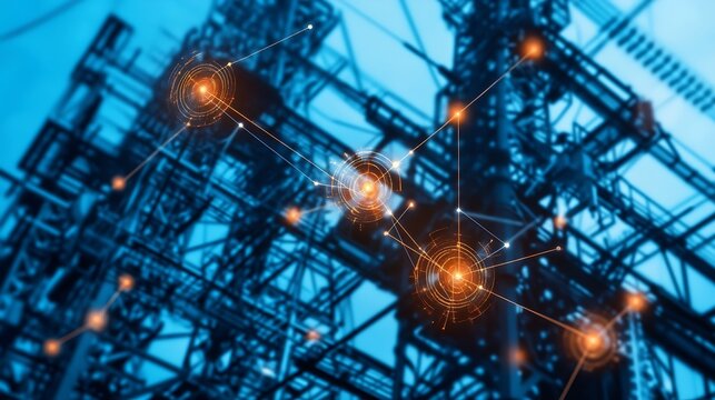 Smart grid digital overlay on power transmission tower.