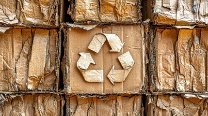 Stacked cardboard with recycling symbol, texture, compressed, brown, and sustainable © mlangsen