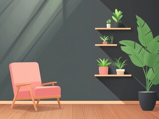 Pink armchair in minimalist room with plants.