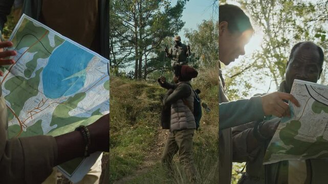 Split screen of positive children running down hill when hiking with father, family reading map deciding which path to follow in early fall