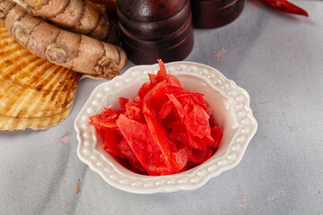 Pickled red ginger in the bowl