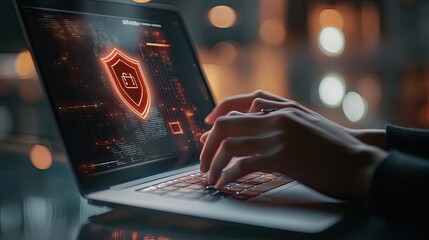 Person using laptop with cybersecurity shield interface displayed on screen nighttime setting