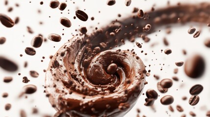 Flying roasted coffee beans forming a swirl, aromatic