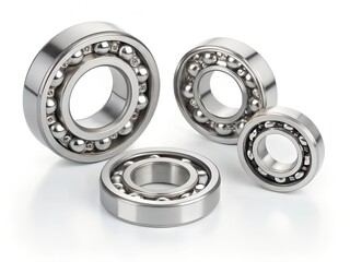 A set of four metallic ball bearings in different sizes, arranged in an artistic composition on a white background. The bearings have a highly reflective, polished silver surface with precisely placed
