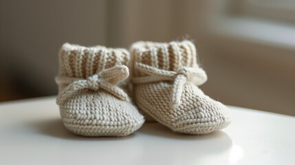 A pair of tiny knitted baby booties in a neutral beige tone, resting on a seamless white surface.