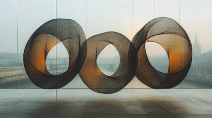 Modern art installation, three looping circles against a city view