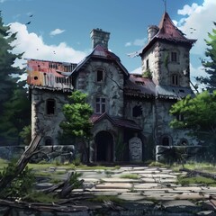 An old, crumbling mansion stands neglected amidst tall trees and unkempt grass. The rundown structure features a weathered roof and broken windows, hinting at a forgotten past