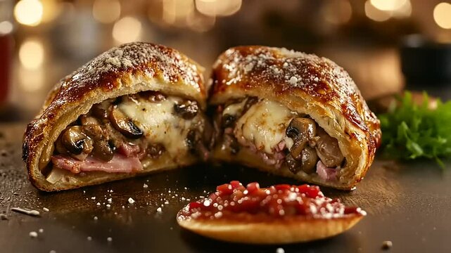 Delicious golden pastry filled with mushrooms, cheese, and ham, served with a tangy sauce on a wooden table