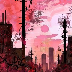 A post-apocalyptic city skyline is silhouetted against a vivid pink and orange sunset. Broken buildings and utility poles dominate the scene, evoking a sense of desolation