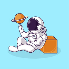 Little Astronaut Kids Spinning Miniature Planet. Cartoon Logo Illustration Design. Isolated Premium Vector File, background is easy to edit. Can use for Icon, Logo, banner, flyer or any design project