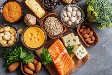 Various healthy foods rich in nutrients. Illustrates a balanced diet for optimal health.