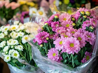 Colorful Bouquets of Fresh Pink and White Chrysanthemums Wrapped in Cellophane on Display at a Flower Shop with Natural Lighting
