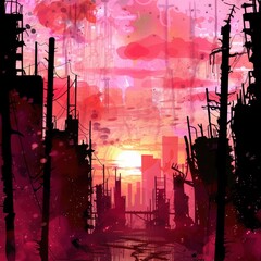 A vibrant sunset casts a warm glow over a desolate urban landscape filled with ruined buildings and broken power lines