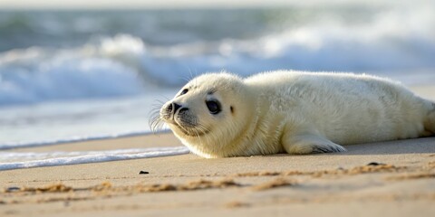 Baby seal relaxing on sandy beach with large inn in the background nature photography coastal environment serene viewpoint wildlife concept