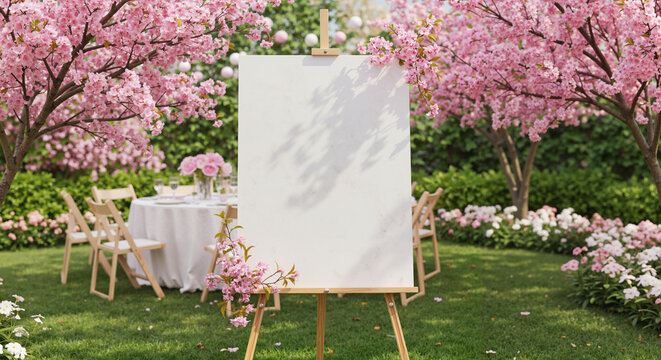 Blank Canvas on Easel in a Blooming Garden, Romantic, Wedding and Spring Celebration with copy space