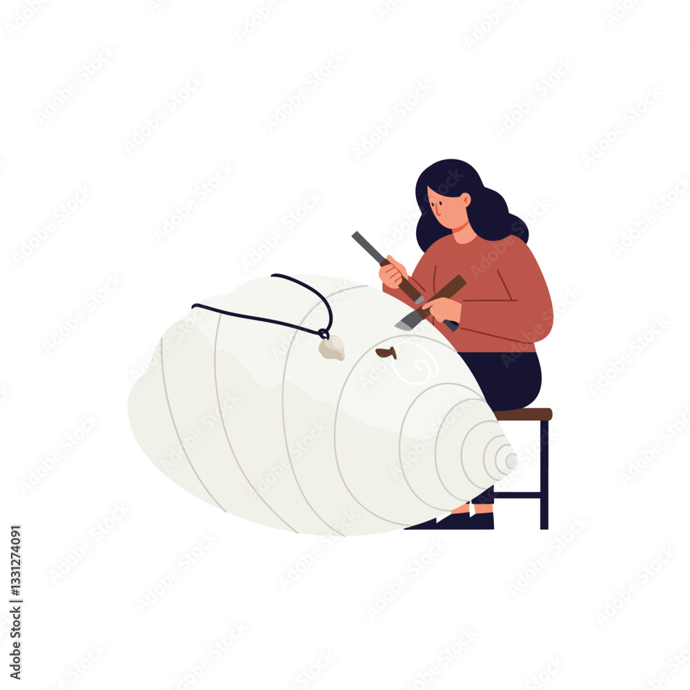 Poster artisan sculpting large shell with tools in flat vector illustration