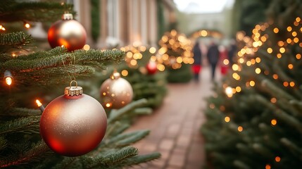 Festive Christmas decorations with lights and blurred figures in background