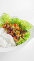 white rice and chopped meat and green vegetables
