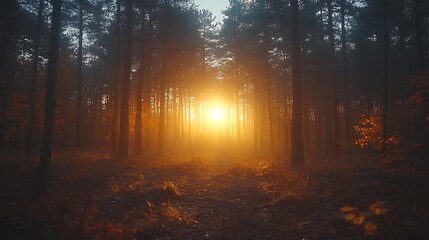 Obraz premium Misty forest sunrise, sun rays through trees.