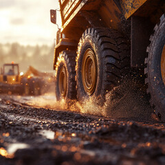 Dump truck on a construction site with dirt and machinery.