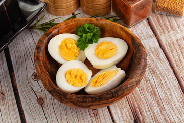 Boiled chicken eggs with bright yolk