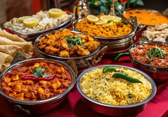 Obraz premium Colorful Display of Indian Cuisine with Various Dishes, Rice, and Spices Served in Traditional Utensils on a Table Setting