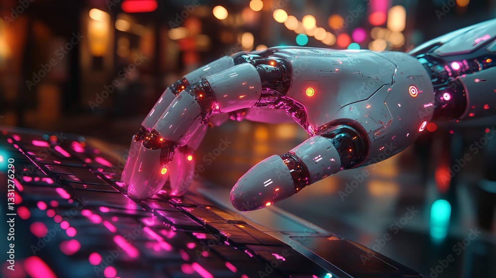 Poster futuristic robotic hand pressing laptop keyboard in 3d rendering, showcasing advanced digital techno