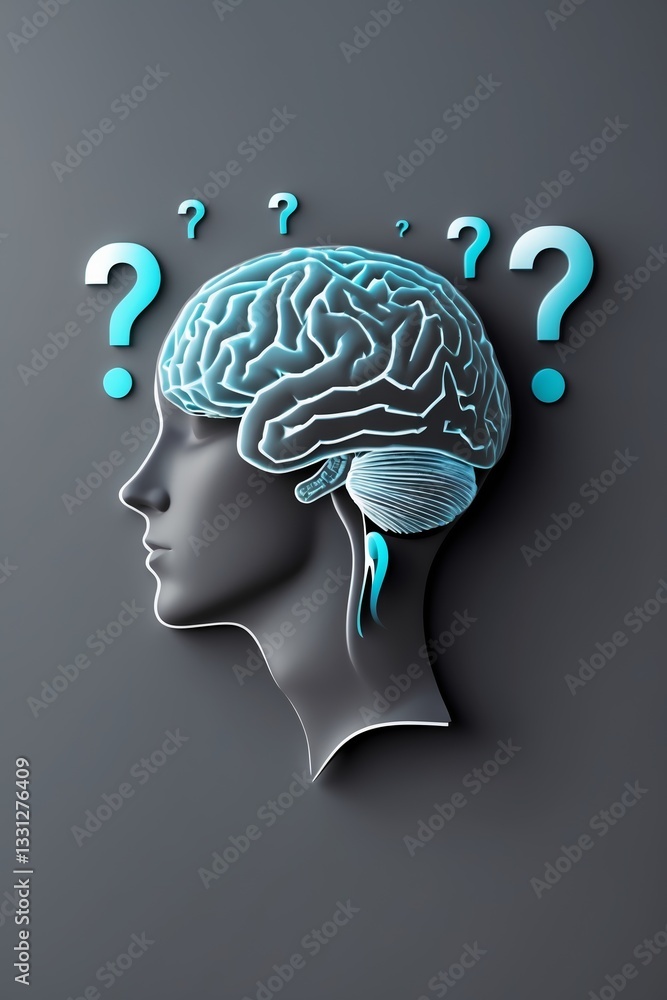Poster creative representation of human brain with abstract question marks on a gray background depicting c