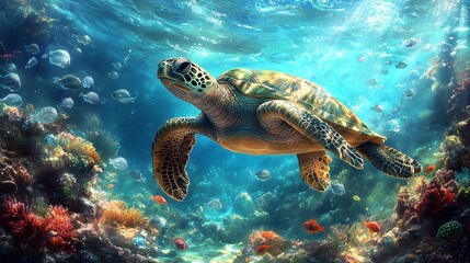 Obraz premium Sea Turtle Gracefully Swimming in Vibrant Coral Reef Ecosystem