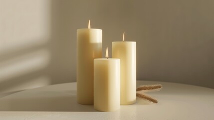 A set of three elegant pillar candles in varying heights, with a smooth matte finish, arranged on a white surface.