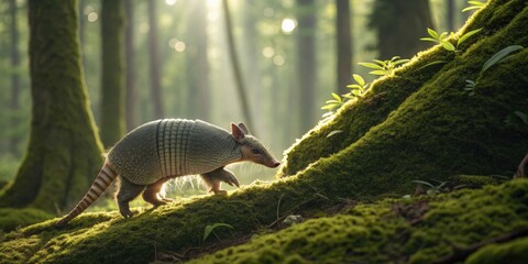 Curious baby armadillo exploring a rainforest nature scene wildlife photography lush environment low angle view discovery of unique species