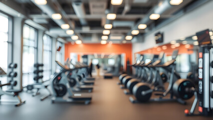 Obraz premium Blurred Fitness, An Empty Gym with Treadmills and Weights, Suggesting a Moment of Quiet Before or After a Workout Rush