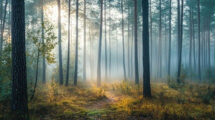 Fototapeta premium Serene morning in a pine forest, mist covering the