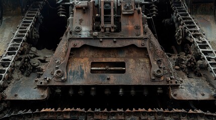 Close-up of metal gears and hydraulic systems in a bulldozer