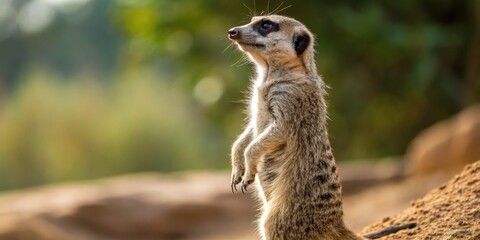 Curious meerkat observing its surroundings in a natural habitat wildlife photography outdoor setting close-up viewpoint animal behavior