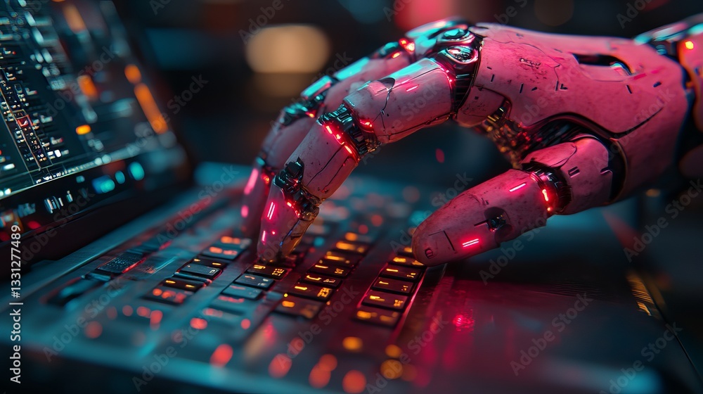 Poster futuristic robotic hand pressing laptop keyboard in 3d rendering, showcasing advanced digital techno