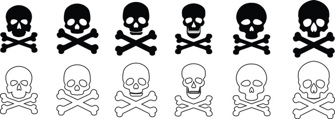 Skull crossbone pirate icon set logo Halloween ghost graphic danger anatomy symbol Silhouette. Cartoon skull death flat and line vector collection isolated on transparent background for apps and game