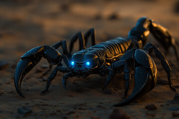 Fototapeta premium big black scorpion with glowing eyes, background