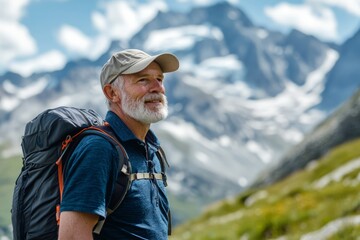Naklejka premium An elderly man goes on a hike in the mountains with a backpack.