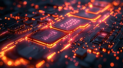 Abstract printed circuit board tech background with depth of field and bokeh effects, visualizing internet connectivity, cloud computing, neural networks, and big data in a 3d render
