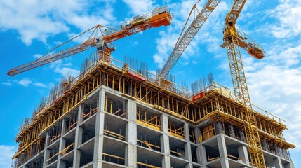 Heavy machinery assembling steel framework for a skyscraper