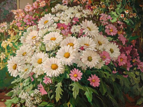 Colorful Floral Arrangement of White Daisies and Pink Flowers with Green Leaves Enhancing a Bright and Cheerful Nature Scene