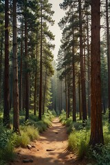 Obraz premium Hiking trails winding through dense forests in watercolor style