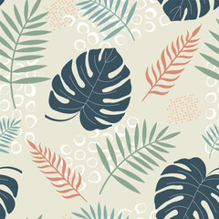 Seamless tropical print featuring stylized monstera and palm leaves on a light background, complemented by abstract geometric shapes and warm shades of red.