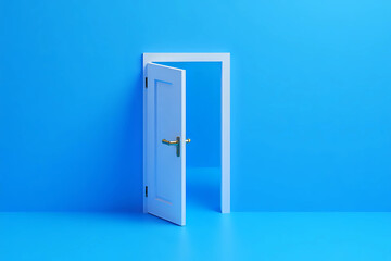 Open door on blue background. Modern minimal art poster.