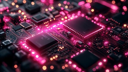 Fototapeta premium Abstract printed circuit board tech background with depth of field and bokeh effects, visualizing internet connectivity, cloud computing, neural networks, and big data in a 3d render
