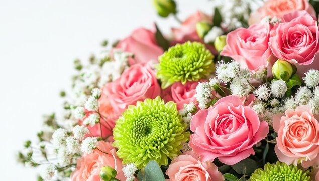 Colorful Floral Arrangement with Pink Roses and Green Chrysanthemums in Elegant Composition for Decoration and Celebrations