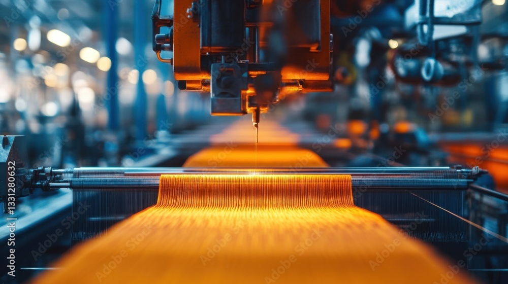 Poster high-speed weaving loom producing intricate fabric patterns in a textile factory