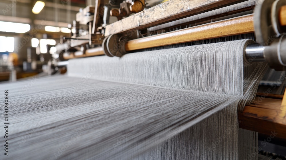Poster high-speed weaving loom producing intricate fabric patterns in a textile factory
